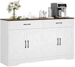 55" Sideboard Buffet Cabinet with Storage, Large Kitchen Storage Sideboard with Drawers & Doors, Modern Wood Farmhouse Coffee Bar Cabinet, Buffet Table for Kitchen, Dining Room, Living Room, White 55" Sideboard Buffet Cabinet with Storage, Large Kitchen Storage Sideboard with Drawers & Doors, Modern Wood Farmhouse Coffee Bar Cabinet, Buffet Table for Kitchen, Dining Room, Living Room, White