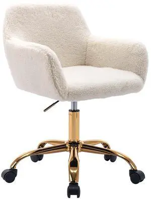 Faux Fur Office Desk Chair, Comfy Swivel Armchair with Wheels, Upholstered Fuzzy Vanity Chair, Adjustable Height, White Faux Fur Office Desk Chair, Comfy Swivel Armchair with Wheels, Upholstered Fuzzy Vanity Chair, Adjustable Height, White