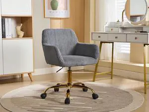 Corduroy Fabric Vanity Makeup Desk Chair, Fluffy Swivel Modern Armchair with Wheels, Upholstered Fuzzy Height Adjustable for Girls Home Office, Gray Corduroy Fabric Vanity Makeup Desk Chair, Fluffy Swivel Modern Armchair with Wheels, Upholstered Fuzzy Height Adjustable for Girls Home Office, Gray