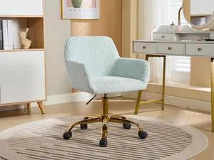 Corduroy Fabric Vanity Makeup Desk Chair, Fluffy Swivel Modern Armchair with Wheels, Upholstered Fuzzy Height Adjustable for Girls Home Office, Blue Corduroy Fabric Vanity Makeup Desk Chair, Fluffy Swivel Modern Armchair with Wheels, Upholstered Fuzzy Height Adjustable for Girls Home Office, Blue