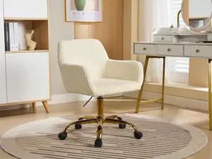 Corduroy Fabric Vanity Makeup Desk Chair, Fluffy Swivel Modern Armchair with Wheels, Upholstered Fuzzy Height Adjustable for Girls Home Office, Beige Corduroy Fabric Vanity Makeup Desk Chair, Fluffy Swivel Modern Armchair with Wheels, Upholstered Fuzzy Height Adjustable for Girls Home Office, Beige