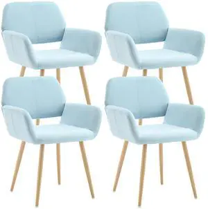 Small Modern Dining Room Arm Chairs Set of 4, Mid-Century Upholstered Velvet Side Seat Club Guest with Metal Tube Legs for Kitchen, Living Room, Blue Small Modern Dining Room Arm Chairs Set of 4, Mid-Century Upholstered Velvet Side Seat Club Guest with Metal Tube Legs for Kitchen, Living Room, Blue