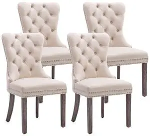 Velvet Dining Chairs Set of 4, Upholstered High-end Tufted Dining Room Chair with Nailhead Back Ring Pull Trim Solid Wood Legs, Nikki Collection Modern Style for Kitchen, Beige Velvet Dining Chairs Set of 4, Upholstered High-end Tufted Dining Room Chair with Nailhead Back Ring Pull Trim Solid Wood Legs, Nikki Collection Modern Style for Kitchen, Beige