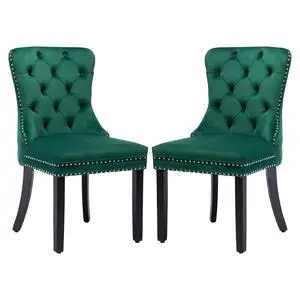 Velvet Dining Chairs Set of 2, Upholstered High-end Tufted Dining Room Chair with Nailhead Back Ring Pull Trim Solid Wood Legs, Nikki Collection Modern Style for Kitchen, Green Velvet Dining Chairs Set of 2, Upholstered High-end Tufted Dining Room Chair with Nailhead Back Ring Pull Trim Solid Wood Legs, Nikki Collection Modern Style for Kitchen, Green