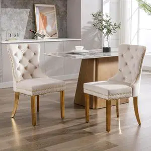 Velvet Dining Chairs Set of 2, Upholstered High-end Tufted Dining Chair with Nailhead Back Ring Pull Trim Stainless Steel Legs, Contemporary Nikki Collection Modern Style for Kitchen, Beige Velvet Dining Chairs Set of 2, Upholstered High-end Tufted Dining Chair with Nailhead Back Ring Pull Trim Stainless Steel Legs, Contemporary Nikki Collection Modern Style for Kitchen, Beige