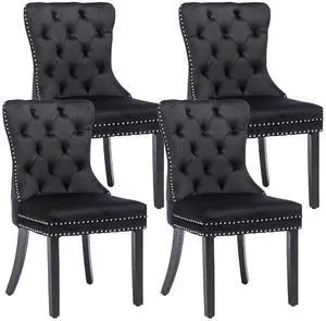 Velvet Dining Chairs Set of 4, Upholstered High-end Tufted Dining Room Chair with Nailhead Back Ring Pull Trim Solid Wood Legs, Nikki Collection Modern Style for Kitchen, Black Velvet Dining Chairs Set of 4, Upholstered High-end Tufted Dining Room Chair with Nailhead Back Ring Pull Trim Solid Wood Legs, Nikki Collection Modern Style for Kitchen, Black