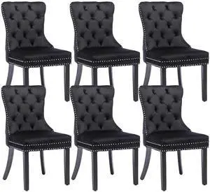 Velvet Dining Chairs Set of 6, Upholstered High-end Tufted Dining Room Chair with Nailhead Back Ring Pull Trim Solid Wood Legs, Nikki Collection Modern Style for Kitchen, Black Velvet Dining Chairs Set of 6, Upholstered High-end Tufted Dining Room Chair with Nailhead Back Ring Pull Trim Solid Wood Legs, Nikki Collection Modern Style for Kitchen, Black