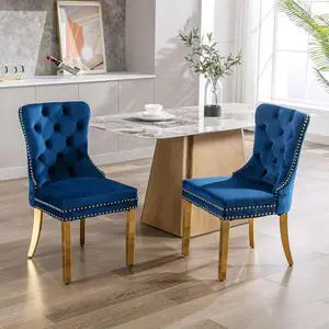 Velvet Dining Chairs Set of 2, Upholstered High-end Tufted Dining Chair with Nailhead Back Ring Pull Trim Stainless Steel Legs, Contemporary Nikki Collection Modern Style for Kitchen, Blue Velvet Dining Chairs Set of 2, Upholstered High-end Tufted Dining Chair with Nailhead Back Ring Pull Trim Stainless Steel Legs, Contemporary Nikki Collection Modern Style for Kitchen, Blue