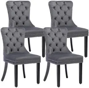 Velvet Dining Chairs Set of 4, Upholstered High-end Tufted Dining Room Chair with Nailhead Back Ring Pull Trim Solid Wood Legs, Nikki Collection Modern Style for Kitchen, Grey Velvet Dining Chairs Set of 4, Upholstered High-end Tufted Dining Room Chair with Nailhead Back Ring Pull Trim Solid Wood Legs, Nikki Collection Modern Style for Kitchen, Grey