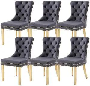 Velvet Dining Chairs Set of 6, Upholstered High-end Tufted Dining Chair with Nailhead Back Ring Pull Trim Stainless Steel Legs, Contemporary Nikki Collection Modern Style for Kitchen, Dark Gray Velvet Dining Chairs Set of 6, Upholstered High-end Tufted Dining Chair with Nailhead Back Ring Pull Trim Stainless Steel Legs, Contemporary Nikki Collection Modern Style for Kitchen, Dark Gray
