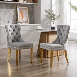 Velvet Dining Chairs Set of 2, Upholstered High-end Tufted Dining Chair with Nailhead Back Ring Pull Trim Stainless Steel Legs, Contemporary Nikki Collection Modern Style for Kitchen, Light Gray Velvet Dining Chairs Set of 2, Upholstered High-end Tufted Dining Chair with Nailhead Back Ring Pull Trim Stainless Steel Legs, Contemporary Nikki Collection Modern Style for Kitchen, Light Gray