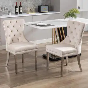 Velvet Dining Chairs Set of 2, Upholstered High-end Tufted Dining Room Chair with Nailhead Back Ring Pull Trim Stainless Steel Legs, Contemporary Nikki Collection Modern Style for Kitchen, Beige Velvet Dining Chairs Set of 2, Upholstered High-end Tufted Dining Room Chair with Nailhead Back Ring Pull Trim Stainless Steel Legs, Contemporary Nikki Collection Modern Style for Kitchen, Beige