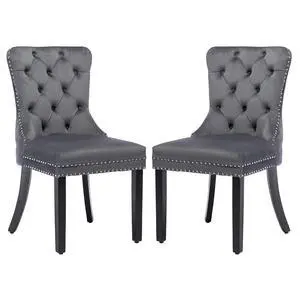 Velvet Dining Chairs Set of 2, Upholstered High-end Tufted Dining Room Chair with Nailhead Back Ring Pull Trim Solid Wood Legs, Nikki Collection Modern Style for Kitchen, Grey Velvet Dining Chairs Set of 2, Upholstered High-end Tufted Dining Room Chair with Nailhead Back Ring Pull Trim Solid Wood Legs, Nikki Collection Modern Style for Kitchen, Grey