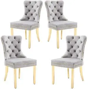 Velvet Dining Chairs Set of 4, Upholstered High-end Tufted Dining Chair with Nailhead Back Ring Pull Trim Stainless Steel Legs, Contemporary Nikki Collection Modern Style for Kitchen, Light Gray Velvet Dining Chairs Set of 4, Upholstered High-end Tufted Dining Chair with Nailhead Back Ring Pull Trim Stainless Steel Legs, Contemporary Nikki Collection Modern Style for Kitchen, Light Gray
