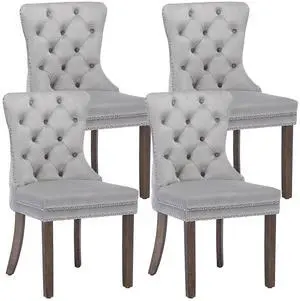 Velvet Dining Chairs Set of 4, Upholstered High-end Tufted Dining Room Chair with Nailhead Back Ring Pull Trim Solid Wood Legs, Nikki Collection Modern Style for Kitchen, Light Grey Velvet Dining Chairs Set of 4, Upholstered High-end Tufted Dining Room Chair with Nailhead Back Ring Pull Trim Solid Wood Legs, Nikki Collection Modern Style for Kitchen, Light Grey