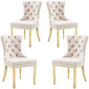 Velvet Dining Chairs Set of 4, Upholstered High-end Tufted Dining Chair with Nailhead Back Ring Pull Trim Stainless Steel Legs, Contemporary Nikki Collection Modern Style for Kitchen, Beige Velvet Dining Chairs Set of 4, Upholstered High-end Tufted Dining Chair with Nailhead Back Ring Pull Trim Stainless Steel Legs, Contemporary Nikki Collection Modern Style for Kitchen, Beige