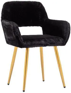 Furry Desk Chair, Mid-Century Modern Accent Faux Fur Chair for Teen Girls, Comfy Armchair with Wood Look Metal Legs for Living Dining Room, Home Vanity Makeup Office Desk Chairs No Wheel, Black Furry Desk Chair, Mid-Century Modern Accent Faux Fur Chair for Teen Girls, Comfy Armchair with Wood Look Metal Legs for Living Dining Room, Home Vanity Makeup Office Desk Chairs No Wheel, Black