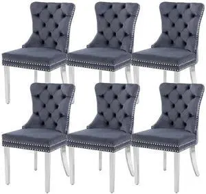 Velvet Dining Chairs Set of 6, Upholstered High-end Tufted Dining Room Chair with Nailhead Back Ring Pull Trim Stainless Steel Legs, Contemporary Nikki Collection Modern Style for Kitchen, Gray Velvet Dining Chairs Set of 6, Upholstered High-end Tufted Dining Room Chair with Nailhead Back Ring Pull Trim Stainless Steel Legs, Contemporary Nikki Collection Modern Style for Kitchen, Gray