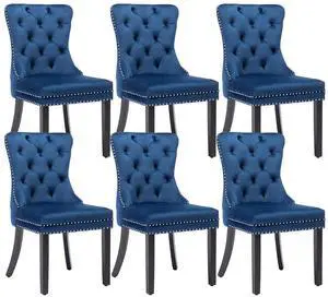 Velvet Dining Chairs Set of 6, Upholstered High-end Tufted Dining Room Chair with Nailhead Back Ring Pull Trim Solid Wood Legs, Nikki Collection Modern Style for Kitchen, Blue Velvet Dining Chairs Set of 6, Upholstered High-end Tufted Dining Room Chair with Nailhead Back Ring Pull Trim Solid Wood Legs, Nikki Collection Modern Style for Kitchen, Blue