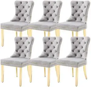 Velvet Dining Chairs Set of 6, Upholstered High-end Tufted Dining Chair with Nailhead Back Ring Pull Trim Stainless Steel Legs, Contemporary Nikki Collection Modern Style for Kitchen, Light Gray Velvet Dining Chairs Set of 6, Upholstered High-end Tufted Dining Chair with Nailhead Back Ring Pull Trim Stainless Steel Legs, Contemporary Nikki Collection Modern Style for Kitchen, Light Gray