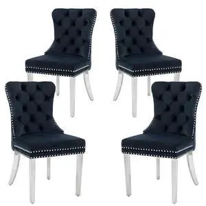Velvet Dining Chairs Set of 4, Upholstered High-end Tufted Dining Room Chair with Nailhead Back Ring Pull Trim Stainless Steel Legs, Contemporary Nikki Collection Modern Style for Kitchen, Black Velvet Dining Chairs Set of 4, Upholstered High-end Tufted Dining Room Chair with Nailhead Back Ring Pull Trim Stainless Steel Legs, Contemporary Nikki Collection Modern Style for Kitchen, Black