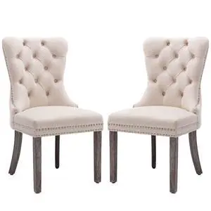 Velvet Dining Chairs Set of 2, Upholstered High-end Tufted Dining Room Chair with Nailhead Back Ring Pull Trim Solid Wood Legs, Nikki Collection Modern Style for Kitchen, Beige Velvet Dining Chairs Set of 2, Upholstered High-end Tufted Dining Room Chair with Nailhead Back Ring Pull Trim Solid Wood Legs, Nikki Collection Modern Style for Kitchen, Beige