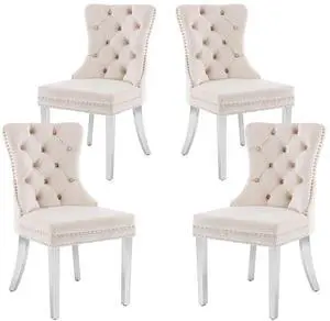 Velvet Dining Chairs Set of 4, Upholstered High-end Tufted Dining Room Chair with Nailhead Back Ring Pull Trim Stainless Steel Legs, Contemporary Nikki Collection Modern Style for Kitchen, Beige Velvet Dining Chairs Set of 4, Upholstered High-end Tufted Dining Room Chair with Nailhead Back Ring Pull Trim Stainless Steel Legs, Contemporary Nikki Collection Modern Style for Kitchen, Beige