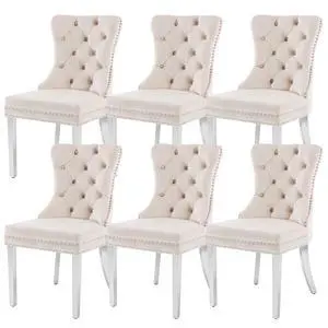 Velvet Dining Chairs Set of 6, Upholstered High-end Tufted Dining Room Chair with Nailhead Back Ring Pull Trim Stainless Steel Legs, Contemporary Nikki Collection Modern Style for Kitchen, Beige Velvet Dining Chairs Set of 6, Upholstered High-end Tufted Dining Room Chair with Nailhead Back Ring Pull Trim Stainless Steel Legs, Contemporary Nikki Collection Modern Style for Kitchen, Beige