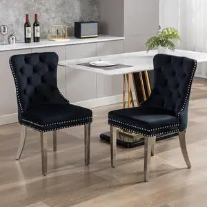 Velvet Dining Chairs Set of 2, Upholstered High-end Tufted Dining Room Chair with Nailhead Back Ring Pull Trim Stainless Steel Legs, Contemporary Nikki Collection Modern Style for Kitchen, Black Velvet Dining Chairs Set of 2, Upholstered High-end Tufted Dining Room Chair with Nailhead Back Ring Pull Trim Stainless Steel Legs, Contemporary Nikki Collection Modern Style for Kitchen, Black