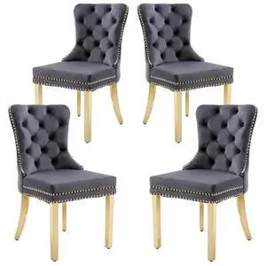 Velvet Dining Chairs Set of 4, Upholstered High-end Tufted Dining Chair with Nailhead Back Ring Pull Trim Stainless Steel Legs, Contemporary Nikki Collection Modern Style for Kitchen, Dark Gray Velvet Dining Chairs Set of 4, Upholstered High-end Tufted Dining Chair with Nailhead Back Ring Pull Trim Stainless Steel Legs, Contemporary Nikki Collection Modern Style for Kitchen, Dark Gray