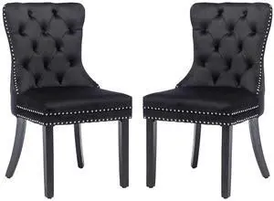 Velvet Dining Chairs Set of 2, Upholstered High-end Tufted Dining Room Chair with Nailhead Back Ring Pull Trim Solid Wood Legs, Nikki Collection Modern Style for Kitchen, Black Velvet Dining Chairs Set of 2, Upholstered High-end Tufted Dining Room Chair with Nailhead Back Ring Pull Trim Solid Wood Legs, Nikki Collection Modern Style for Kitchen, Black