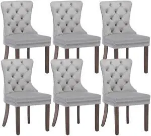 Velvet Dining Chairs Set of 6, Upholstered High-end Tufted Dining Room Chair with Nailhead Back Ring Pull Trim Solid Wood Legs, Nikki Collection Modern Style for Kitchen, Light Grey Velvet Dining Chairs Set of 6, Upholstered High-end Tufted Dining Room Chair with Nailhead Back Ring Pull Trim Solid Wood Legs, Nikki Collection Modern Style for Kitchen, Light Grey