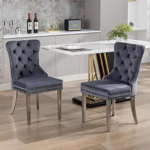 Velvet Dining Chairs Set of 2, Upholstered High-end Tufted Dining Room Chair with Nailhead Back Ring Pull Trim Stainless Steel Legs, Contemporary Nikki Collection Modern Style for Kitchen, Gray Velvet Dining Chairs Set of 2, Upholstered High-end Tufted Dining Room Chair with Nailhead Back Ring Pull Trim Stainless Steel Legs, Contemporary Nikki Collection Modern Style for Kitchen, Gray