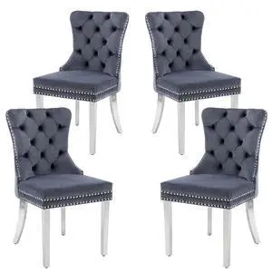 Velvet Dining Chairs Set of 4, Upholstered High-end Tufted Dining Room Chair with Nailhead Back Ring Pull Trim Stainless Steel Legs, Contemporary Nikki Collection Modern Style for Kitchen, Gray Velvet Dining Chairs Set of 4, Upholstered High-end Tufted Dining Room Chair with Nailhead Back Ring Pull Trim Stainless Steel Legs, Contemporary Nikki Collection Modern Style for Kitchen, Gray