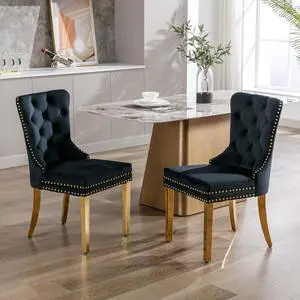Velvet Dining Chairs Set of 2, Upholstered High-end Tufted Dining Chair with Nailhead Back Ring Pull Trim Stainless Steel Legs, Contemporary Nikki Collection Modern Style for Kitchen, Black Velvet Dining Chairs Set of 2, Upholstered High-end Tufted Dining Chair with Nailhead Back Ring Pull Trim Stainless Steel Legs, Contemporary Nikki Collection Modern Style for Kitchen, Black