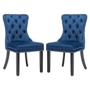Velvet Dining Chairs Set of 2, Upholstered High-end Tufted Dining Room Chair with Nailhead Back Ring Pull Trim Solid Wood Legs, Nikki Collection Modern Style for Kitchen, Blue Velvet Dining Chairs Set of 2, Upholstered High-end Tufted Dining Room Chair with Nailhead Back Ring Pull Trim Solid Wood Legs, Nikki Collection Modern Style for Kitchen, Blue