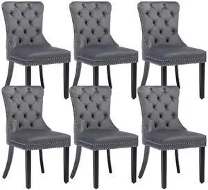 Velvet Dining Chairs Set of 6, Upholstered High-end Tufted Dining Room Chair with Nailhead Back Ring Pull Trim Solid Wood Legs, Nikki Collection Modern Style for Kitchen, Grey Velvet Dining Chairs Set of 6, Upholstered High-end Tufted Dining Room Chair with Nailhead Back Ring Pull Trim Solid Wood Legs, Nikki Collection Modern Style for Kitchen, Grey