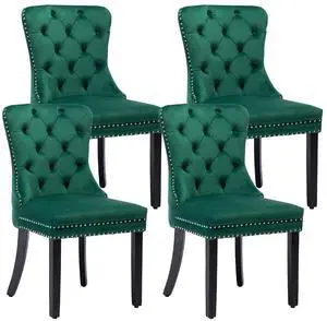 Velvet Dining Chairs Set of 4, Upholstered High-end Tufted Dining Room Chair with Nailhead Back Ring Pull Trim Solid Wood Legs, Nikki Collection Modern Style for Kitchen, Green Velvet Dining Chairs Set of 4, Upholstered High-end Tufted Dining Room Chair with Nailhead Back Ring Pull Trim Solid Wood Legs, Nikki Collection Modern Style for Kitchen, Green