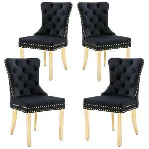Velvet Dining Chairs Set of 4, Upholstered High-end Tufted Dining Chair with Nailhead Back Ring Pull Trim Stainless Steel Legs, Contemporary Nikki Collection Modern Style for Kitchen, Black Velvet Dining Chairs Set of 4, Upholstered High-end Tufted Dining Chair with Nailhead Back Ring Pull Trim Stainless Steel Legs, Contemporary Nikki Collection Modern Style for Kitchen, Black