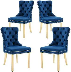 Velvet Dining Chairs Set of 4, Upholstered High-end Tufted Dining Chair with Nailhead Back Ring Pull Trim Stainless Steel Legs, Contemporary Nikki Collection Modern Style for Kitchen, Blue Velvet Dining Chairs Set of 4, Upholstered High-end Tufted Dining Chair with Nailhead Back Ring Pull Trim Stainless Steel Legs, Contemporary Nikki Collection Modern Style for Kitchen, Blue