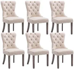 Velvet Dining Chairs Set of 6, Upholstered High-end Tufted Dining Room Chair with Nailhead Back Ring Pull Trim Solid Wood Legs, Nikki Collection Modern Style for Kitchen, Beige Velvet Dining Chairs Set of 6, Upholstered High-end Tufted Dining Room Chair with Nailhead Back Ring Pull Trim Solid Wood Legs, Nikki Collection Modern Style for Kitchen, Beige