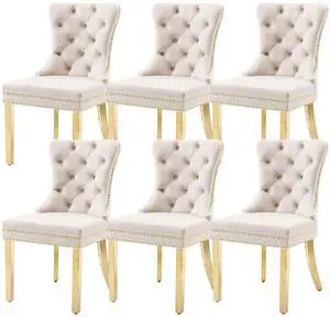 Velvet Dining Chairs Set of 6, Upholstered High-end Tufted Dining Chair with Nailhead Back Ring Pull Trim Stainless Steel Legs, Contemporary Nikki Collection Modern Style for Kitchen, Beige Velvet Dining Chairs Set of 6, Upholstered High-end Tufted Dining Chair with Nailhead Back Ring Pull Trim Stainless Steel Legs, Contemporary Nikki Collection Modern Style for Kitchen, Beige