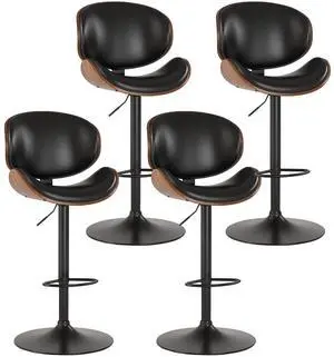 Bar Stools Set of 4, Swivel Adjustable Height Barstools, PU Leather Upholstered Bar Chairs with Footrest, Bentwood Bar Stool for Kitchen, Bar, Dining Room(Black PU) Bar Stools Set of 4, Swivel Adjustable Height Barstools, PU Leather Upholstered Bar Chairs with Footrest, Bentwood Bar Stool for Kitchen, Bar, Dining Room(Black PU)