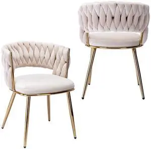 Modern Velvet Dining Chairs Set of 2, Upholstered Living Room Chair with Woven Back and Golden Metal Legs, Mid-Century Accent Side Chair for Living Dining Room, Kitchen, Beige Modern Velvet Dining Chairs Set of 2, Upholstered Living Room Chair with Woven Back and Golden Metal Legs, Mid-Century Accent Side Chair for Living Dining Room, Kitchen, Beige
