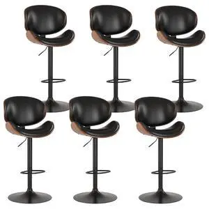 Bar Stools Set of 6, Swivel Adjustable Height Barstools, PU Leather Upholstered Bar Chairs with Footrest, Bentwood Bar Stool for Kitchen, Bar, Dining Room(Black PU) Bar Stools Set of 6, Swivel Adjustable Height Barstools, PU Leather Upholstered Bar Chairs with Footrest, Bentwood Bar Stool for Kitchen, Bar, Dining Room(Black PU)
