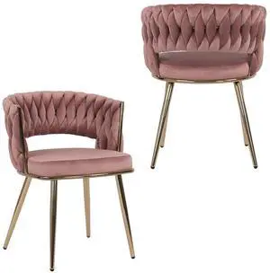 Modern Velvet Dining Chairs Set of 2, Upholstered Living Room Chair with Woven Back and Golden Metal Legs, Mid-Century Accent Side Chair for Dining Room, Kitchen, Rose Modern Velvet Dining Chairs Set of 2, Upholstered Living Room Chair with Woven Back and Golden Metal Legs, Mid-Century Accent Side Chair for Dining Room, Kitchen, Rose