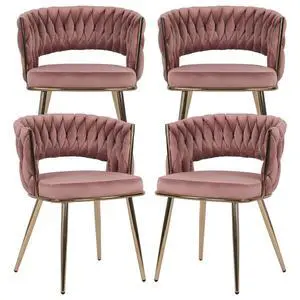 Modern Velvet Dining Chairs Set of 4, Upholstered Living Room Chair with Woven Back and Golden Metal Legs, Mid-Century Accent Side Chair for Dining Room, Kitchen, Rose Modern Velvet Dining Chairs Set of 4, Upholstered Living Room Chair with Woven Back and Golden Metal Legs, Mid-Century Accent Side Chair for Dining Room, Kitchen, Rose