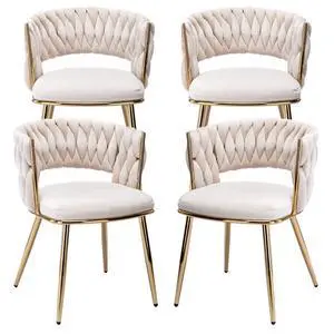 Modern Velvet Dining Chairs Set of 4, Upholstered Living Room Chair with Woven Back and Golden Metal Legs, Mid-Century Accent Side Chair for Dining Room, Kitchen, Beige Modern Velvet Dining Chairs Set of 4, Upholstered Living Room Chair with Woven Back and Golden Metal Legs, Mid-Century Accent Side Chair for Dining Room, Kitchen, Beige
