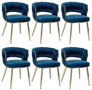 Modern Velvet Dining Chairs Set of 6, Upholstered Living Room Chair with Woven Back and Golden Metal Legs, Mid-Century Accent Side Chair for Dining Room, Kitchen, Blue Modern Velvet Dining Chairs Set of 6, Upholstered Living Room Chair with Woven Back and Golden Metal Legs, Mid-Century Accent Side Chair for Dining Room, Kitchen, Blue