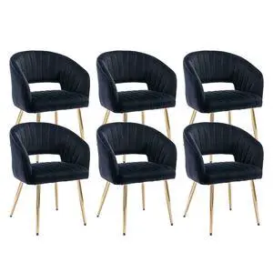Modern Accent Dining Chairs Set of 6, Upholstered Velvet Dining Room Chairs with Hollow Back, Tufted Kitchen Chairs Side Chairs with Gold Metal Legs for Living Room Restaurant, Black Modern Accent Dining Chairs Set of 6, Upholstered Velvet Dining Room Chairs with Hollow Back, Tufted Kitchen Chairs Side Chairs with Gold Metal Legs for Living Room Restaurant, Black